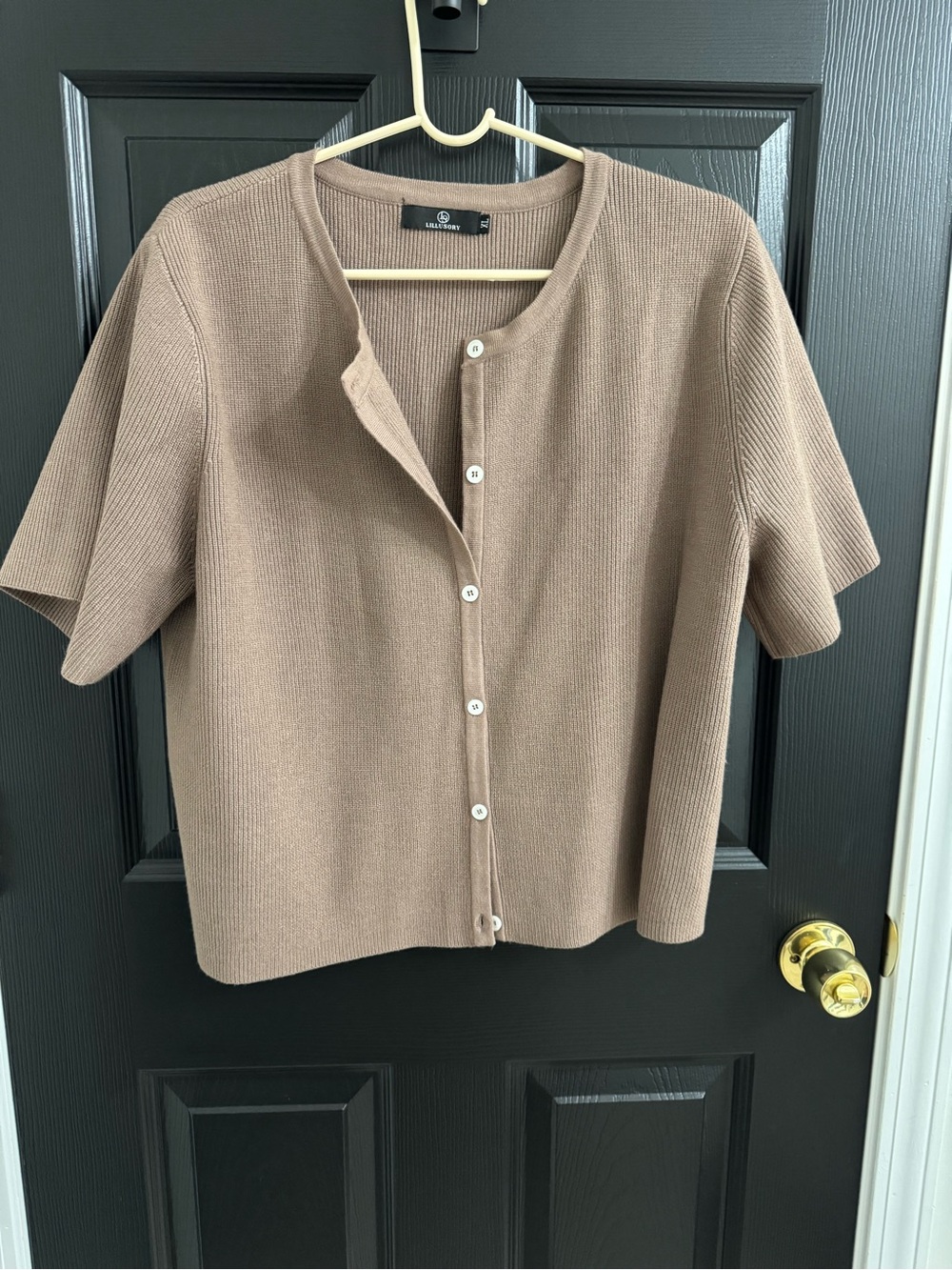 Short-Sleeve Button-Front Knit Top in Taupe